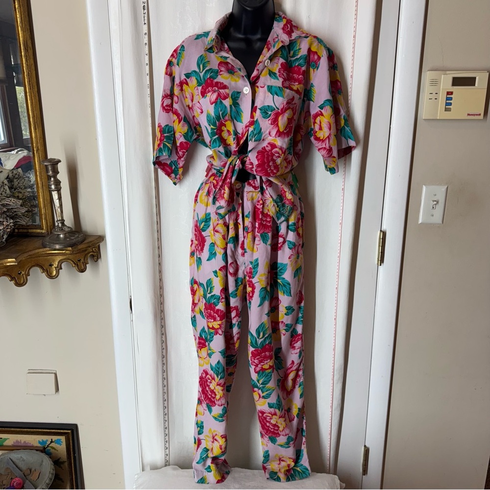 Diane Von Furstenberg Pink Floral Tie-Waist Jumpsuit with Green & Yellow Accents